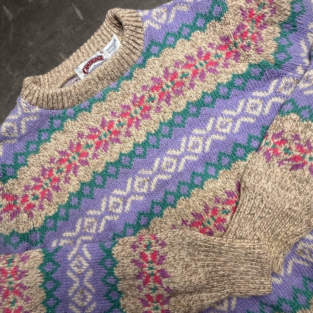 VTG Cambridge Dry Goods Sweater Womens Sz M Tan Purple Fair Isle Wool Blend Ski